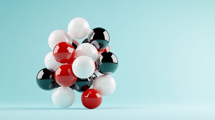 Floating Red, White, and Black Spheres: A 3D Render on a Light Blue Background AI Generated