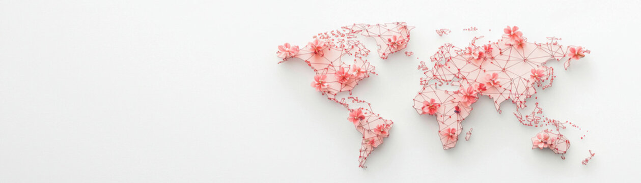Minimalist world map with floral accents and network lines on white background
