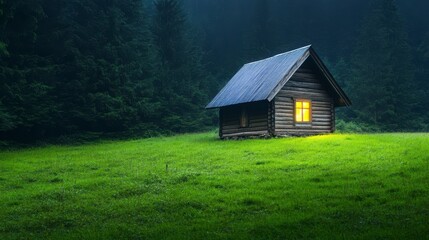 Obraz premium Cozy Wooden Cabin Illuminated by Soft Glow in Misty Forest Night