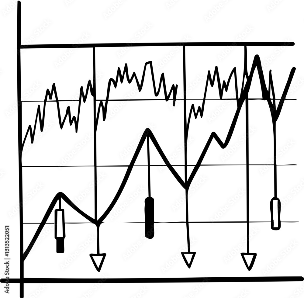 Poster graph depicting fluctuating trends with candlestick indicators and arrows illustrating movement.