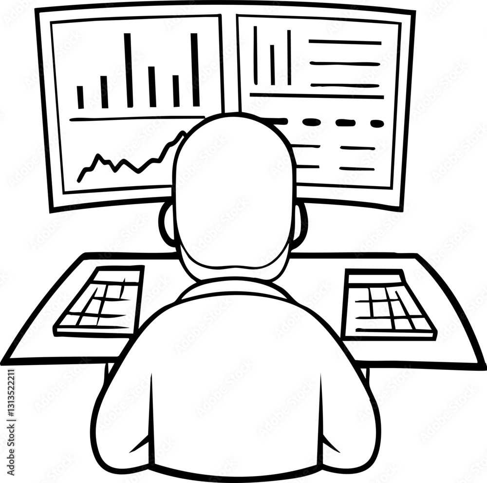 Poster person analyzing data on dual monitors in a minimalist workspace.