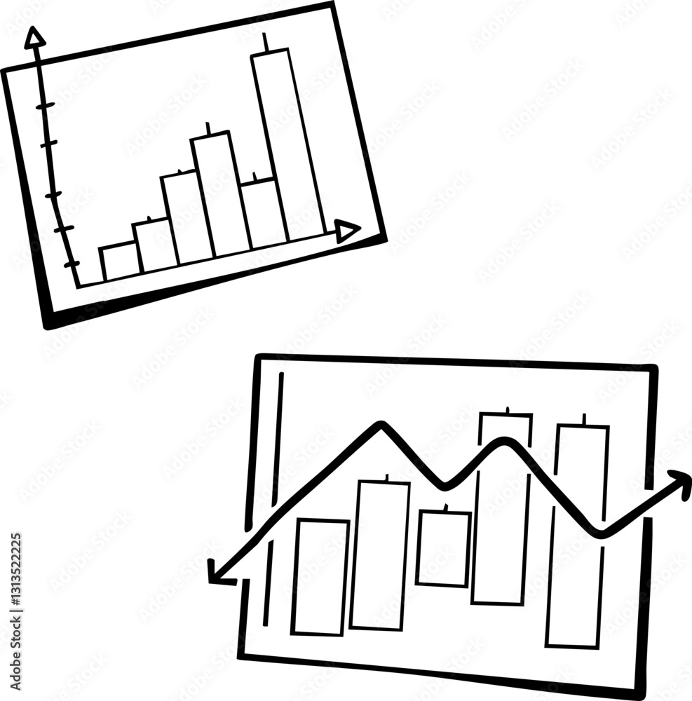 Aufkleber graphs illustrating data trends and analysis with upward movement arrows.