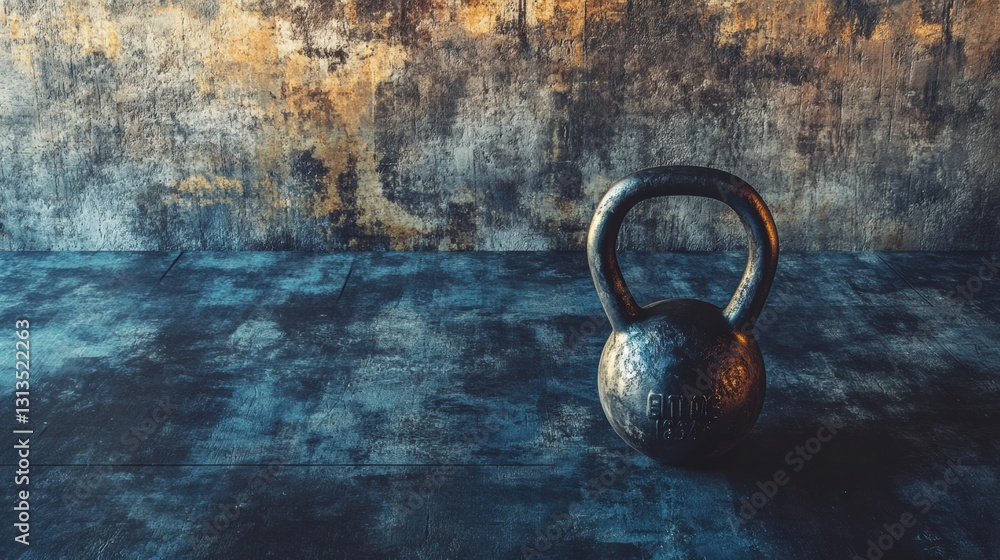 Aufkleber kettlebell resting on gym floor, illuminated by soft light, ideal for fitness and health related des