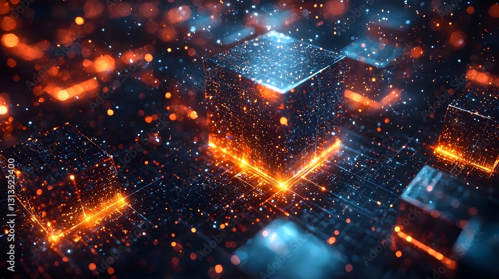 Poster futuristic glowing cube interface representing refined ideas and concepts