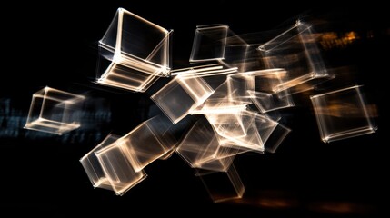 Conceptual stock image of geometric shapes hovering in darkness, illuminated by intersecting light trails