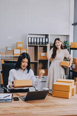 Asian SME business women use laptop computer checking customer order online shipping boxes at home....
