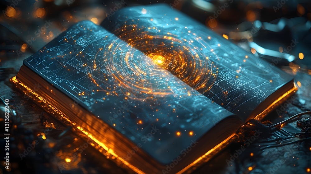 Poster glowing notebook with holographic blueprints and abstract designs idea concept with copy space