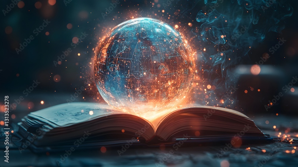Poster glowing notebook with holographic ideas and blueprints materializing above its pages concept of inno