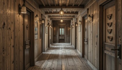 Rustic Wooden Corridor with Lanterns and Classic Doors