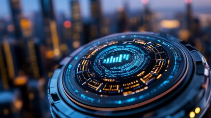 Futuristic Digital Interface Over Cityscape at Dusk with Lights