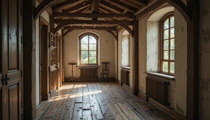 Rustic Interior of an Abandoned Cottage with Wooden Beams and Windows