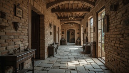 Charming Rustic Hallway with Brick Walls and Stone Floor Design