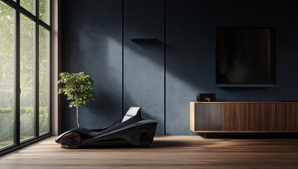 Modern futuristic chair in a minimalist home office with garden view