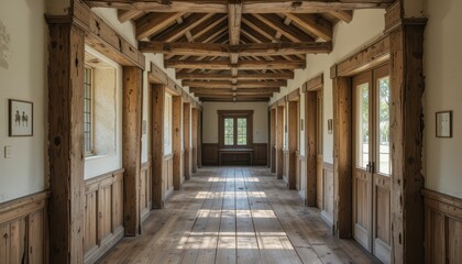 Rustic Wooden Corridor with Natural Light and Historic Design Elements