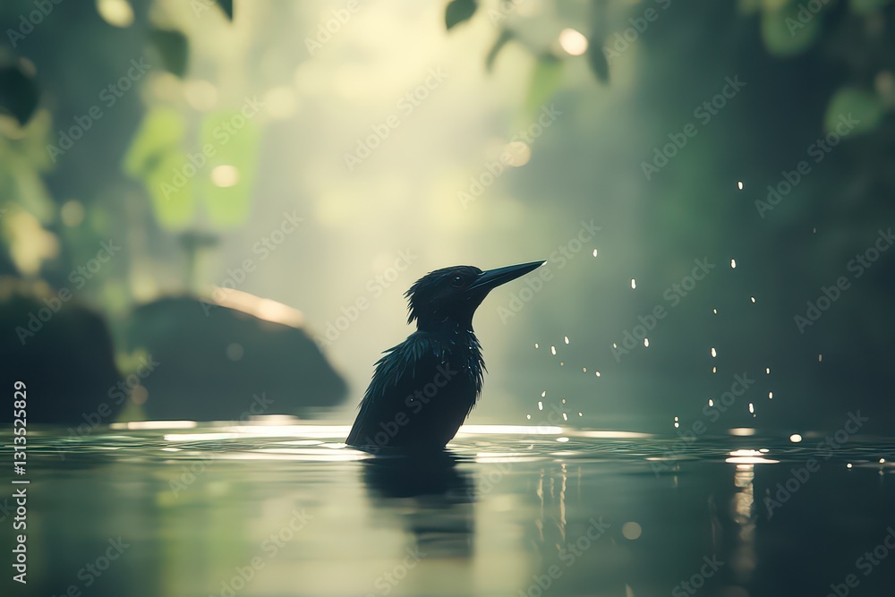 Poster a serene scene of a bird splashing in tranquil waters surrounded by lush greenery and soft light