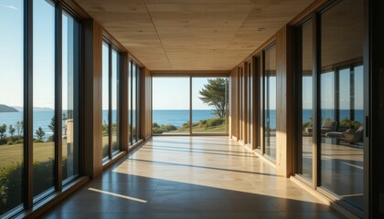 Modern Architecture with Ocean View Through Large Glass Windows