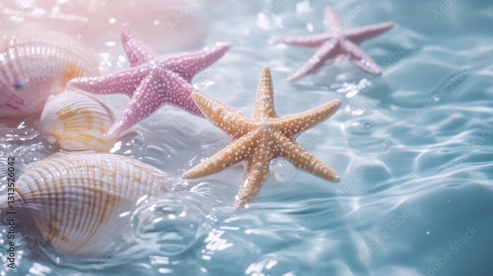Poster elegant pastel starfish and seashells floating in a minimalistic underwater scene with gentle ripple