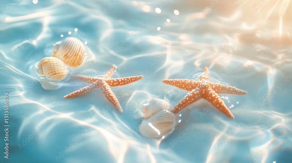 Poster elegant pastel starfish and seashells floating in a minimalistic underwater scene with gentle ripple