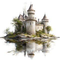 Fototapeta premium Stone Castle on Island Reflecting in Calm Water
