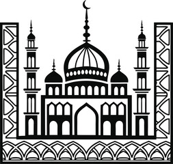A stylized, black and white silhouette of a mosque.