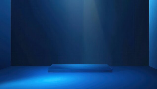 Minimalistic blue stage with spotlight casting dramatic light suitable for presentations, performances, or artistic exhibitions in a modern setting