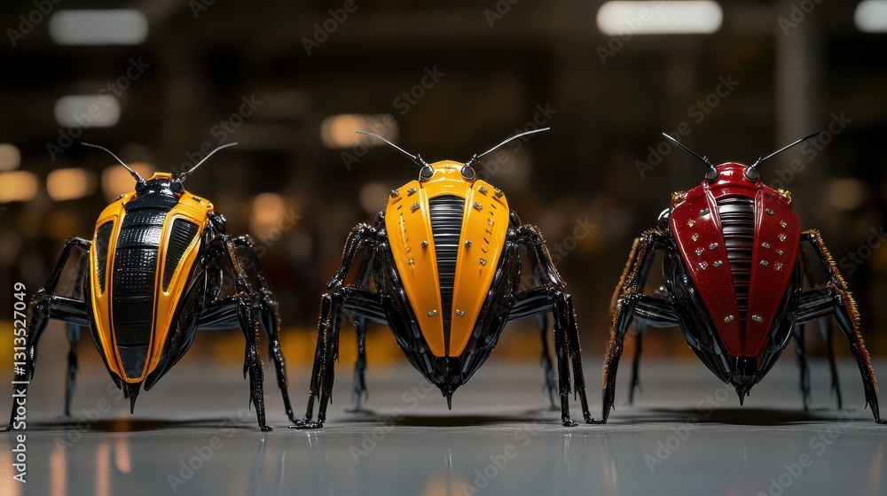 Aufkleber three colorful insect robots on display in a futuristic setting with warm lighting and detailed desi