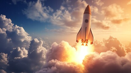 A rocket launches into the sky, leaving a trail of flames and smoke amidst the clouds during a vibrant sunset.