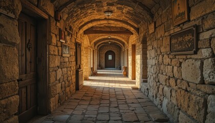 Warm Stone Corridor with Vintage Decor in Historic Architecture