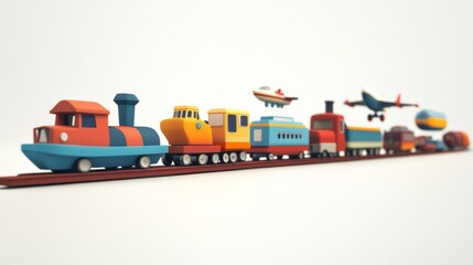 Fototapeta premium 3D-rendered plane, truck, train, and boat in motion, white background, perspective view emphasizing depth. 