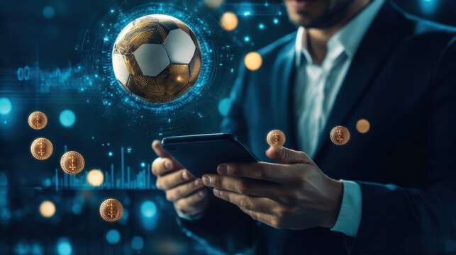 Floating soccer ball and blank digital coins over a businessman palm as he interacts with his smartphone, financial theme