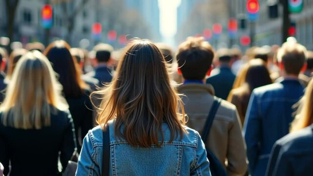 Crowded City Street with People Walking in Urban Environment, Busy Pedestrian Crosswalk in Modern Downtown, Back View of Woman in a Jacket Among a Diverse Crowd