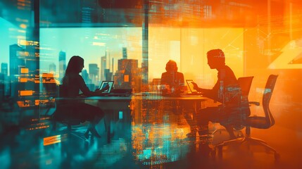 Silhouettes of business professionals in a meeting, showcasing innovation and collaboration in a modern office environment.