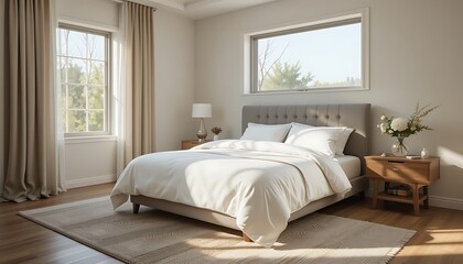 Serene Bedroom Interior Design: Sunlit Modern Master Suite with Neutral Tones and Natural Light