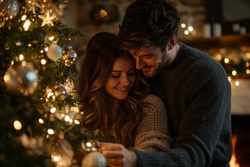 Fototapeta premium Happy Couple Cuddling in Front of a Christmas Tree