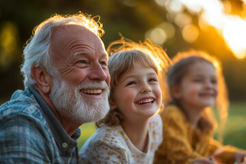 Happy Moment of a Grandfather with His Grandchildren
