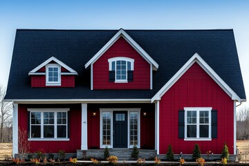 Modern farmhouse design with a red house, white trim, and gray roof. Architectural details including vertical slats, arched windows, and clear sky background.