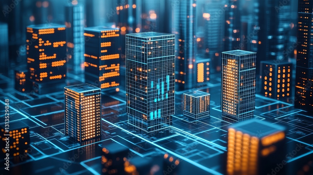 Poster abstract futuristic city skyline with glowing network connections and digital architecture for techn