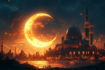 Fototapeta premium Vibrant Eid al-Fitr Celebration: Festive Lights, Joyful Moments, Rich Culture, Delicious Treats, 