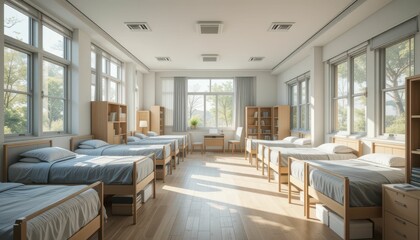 Bright and Spacious Dormitory Room with Multiple Beds and Windows