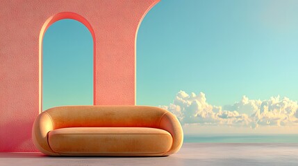 Fototapeta premium Orange Couch by Coral Arches Framing Serene Sky and Sea Creating Tranquil Dreamlike Scene