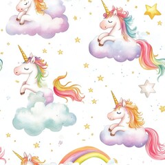 Seamless Watercolor Patterns Unicorn Rainbow (Cute Style) Whimsical Watercolor Unicorns on Pastel Clouds and Rainbow