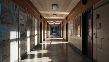 Long Corridor with Natural Light and Patterned Walls in Building