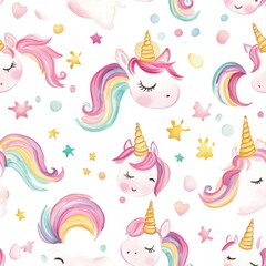 Obraz premium Seamless Watercolor Patterns Unicorn Rainbow (Cute Style) Cute Watercolor Unicorns Seamless Pattern