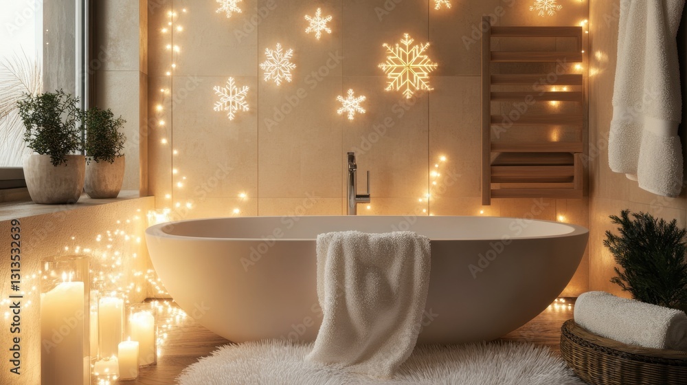 Poster minimalist bathroom with soft snowflake string lights and fluffy winter towels