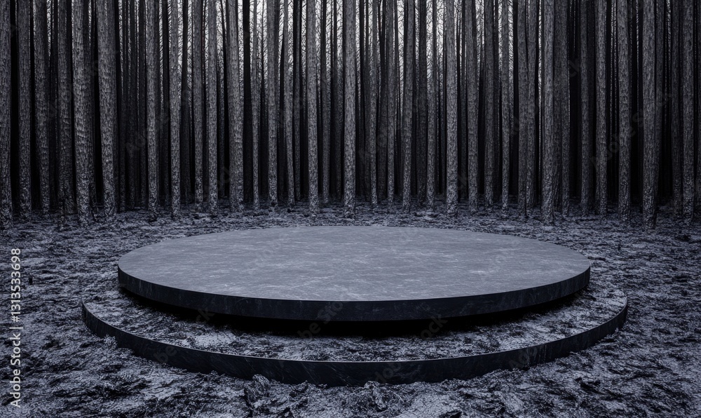 Poster empty double platform in dark forest, ideal for product display