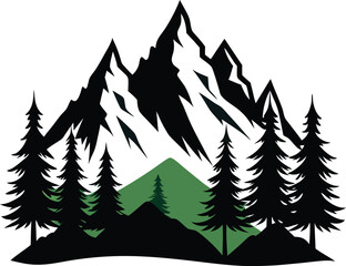 Obraz premium Black silhouette of mountains and fir trees, Vector Icon