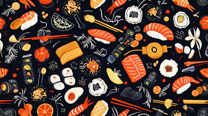 Naklejka premium Colorful Sushi and Sashimi Pattern on Dark Background for Design