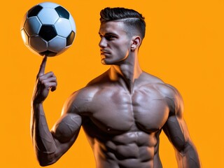 Handsome soccer, footbal player with ball on orange background