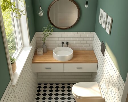 Modern bathroom design featuring a white round sink on wooden countertop, stylish mirror, green walls, and checkerboard floor tiles for contemporary aesthetics