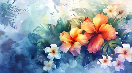 A delightful watercolor of a tropical flower bouquet with hibiscus, plumeria, and monstera leaves, perfect for summer-themed designs, 8k UHD, suitable for high-quality printing or digital display. 